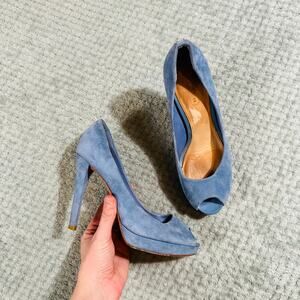 COACH Light Blue Suede Open Toe Chunky Y2K Pump Heels Cute Retro 7